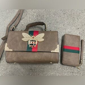 Fashionable Alba Bedazzled Queen Bee Vegan Handbag & Matching Wallet